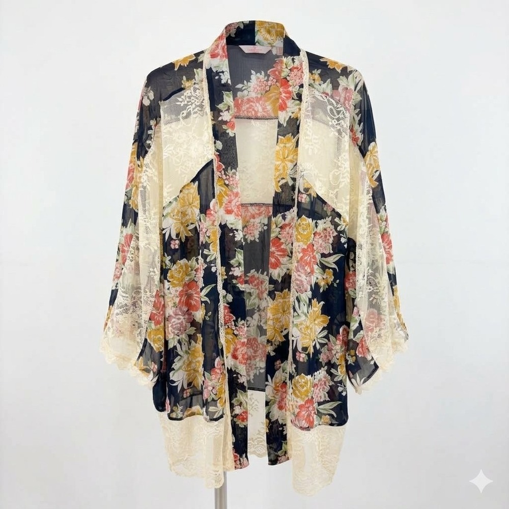 Laurie Felt Floral Lace Kimono Cardigan Black Cream Sheer Chiffon Gauzy Layer